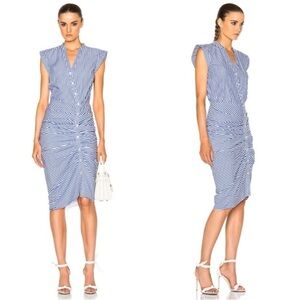 Veronica Beard Ruched Blue White Striped Cotton Midi Dress NEW Sz 12